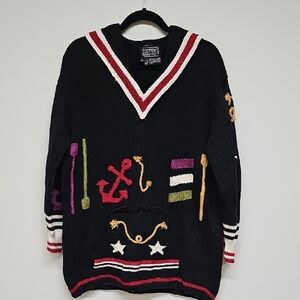 Berek Black Sweater with Red, Gold, and White Nautical Accents
